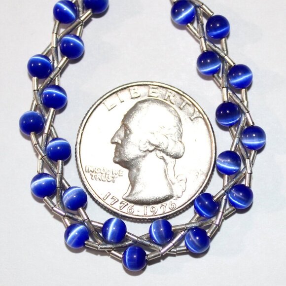 Vintage Sterling Silver Blue Cat Eye Glass Beaded Necklace - Picture 2 of 6